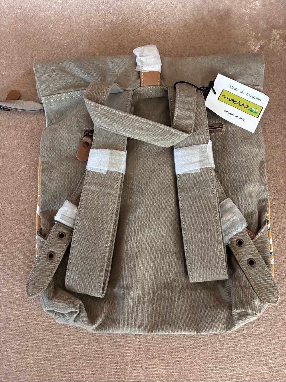 NWT Mustard Colored Leaf Print Canvas Roll-Top Backpack From France 🇫🇷 - Picture 6 of 11